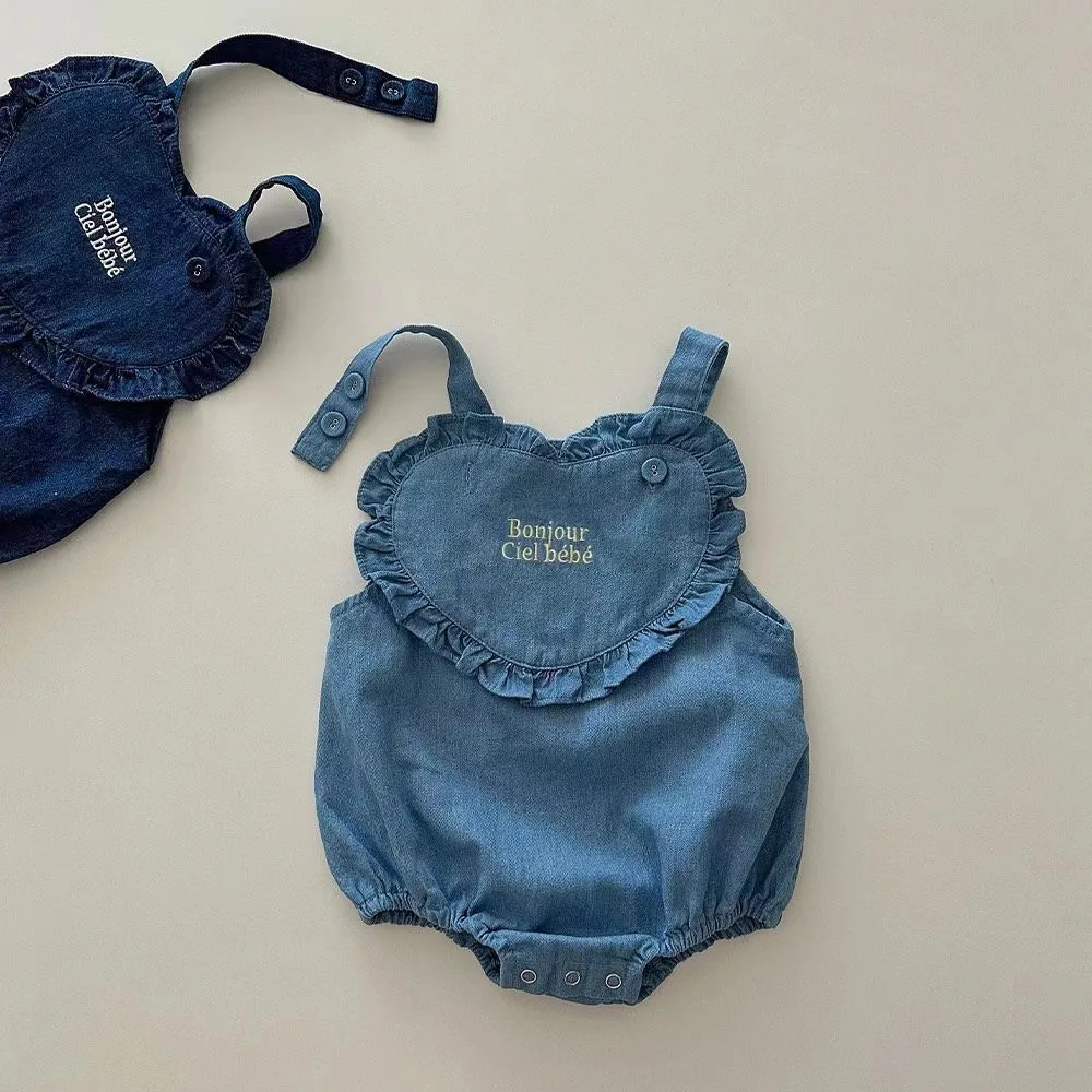 2026 Spring New Baby Sleeveless Denim Bodysuit Newborn Girl Cute Heart Letter Embroidery Overalls Infant Toddler Jumpsuit 0-24M