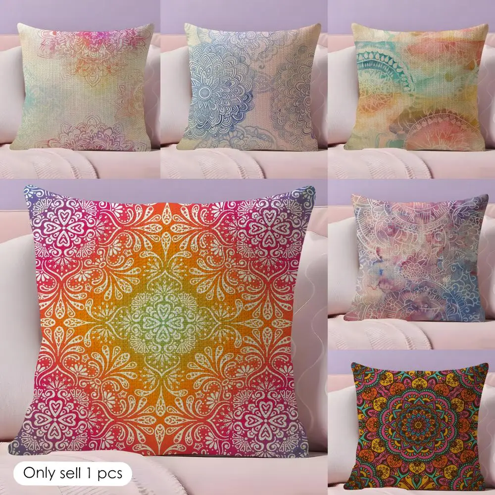 Colorful Floral Mandala Art Cushion Cover Natural Linen Organic Fabric Double-Sided Printing Sofa Home Decor Gift Pillow Cover