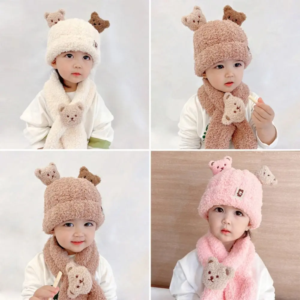 

Gift Ear Protection Baby Winter Hat Scarf Set Cartoon Bear Thick Plush Scarves Keep Warm Infant Beanie Baby