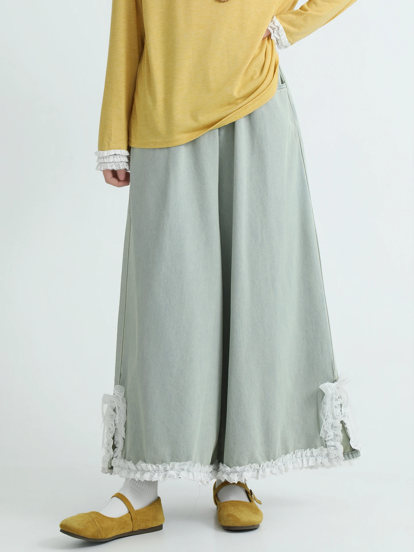 

Bouren Lace Knot Wide Leg Jeans Women's Loose Elastic Waist Patchwork Cotton Denim Spring Fashion Ladies' Clothing