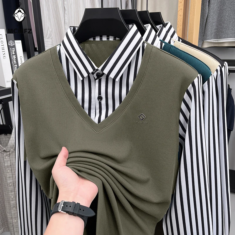 Mens Long Sleeve Fake Two Piece Shirt Collar Sweatshirt Casual Business Pullover Lightweight Breathable Tops for Men