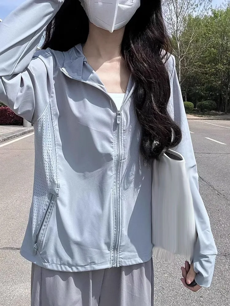 

Женская легкая уличная солнцезащитная одежда с капюшоном из ледяного шелка, дышащая верхняя одежда Jaet, длинная молния прямого кроя