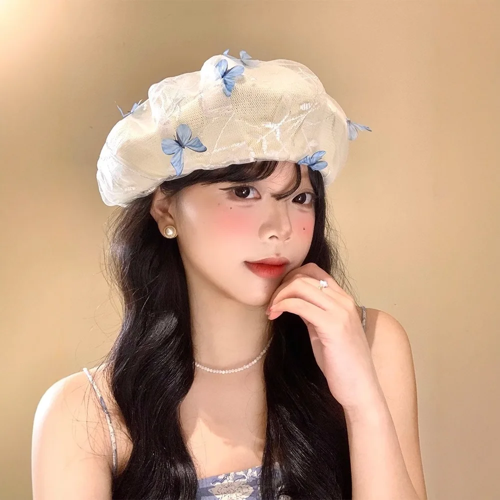 Summer Thin Three-dimensional Mesh Sweet Cute Butterfly Beret for Women To Take Photos Knitted Fashionable All-match Painter Hat
