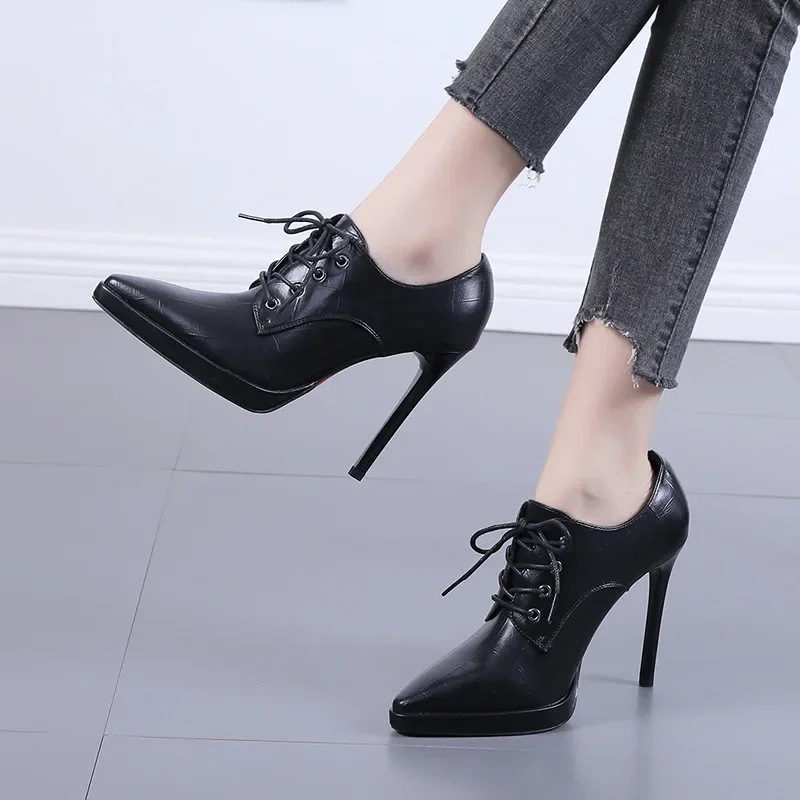 Korean Style Women Boots PU 10CM Thin High Heels Pointed Toe Lace-up Street Style British Style Cross-tied Party Womens Shoes