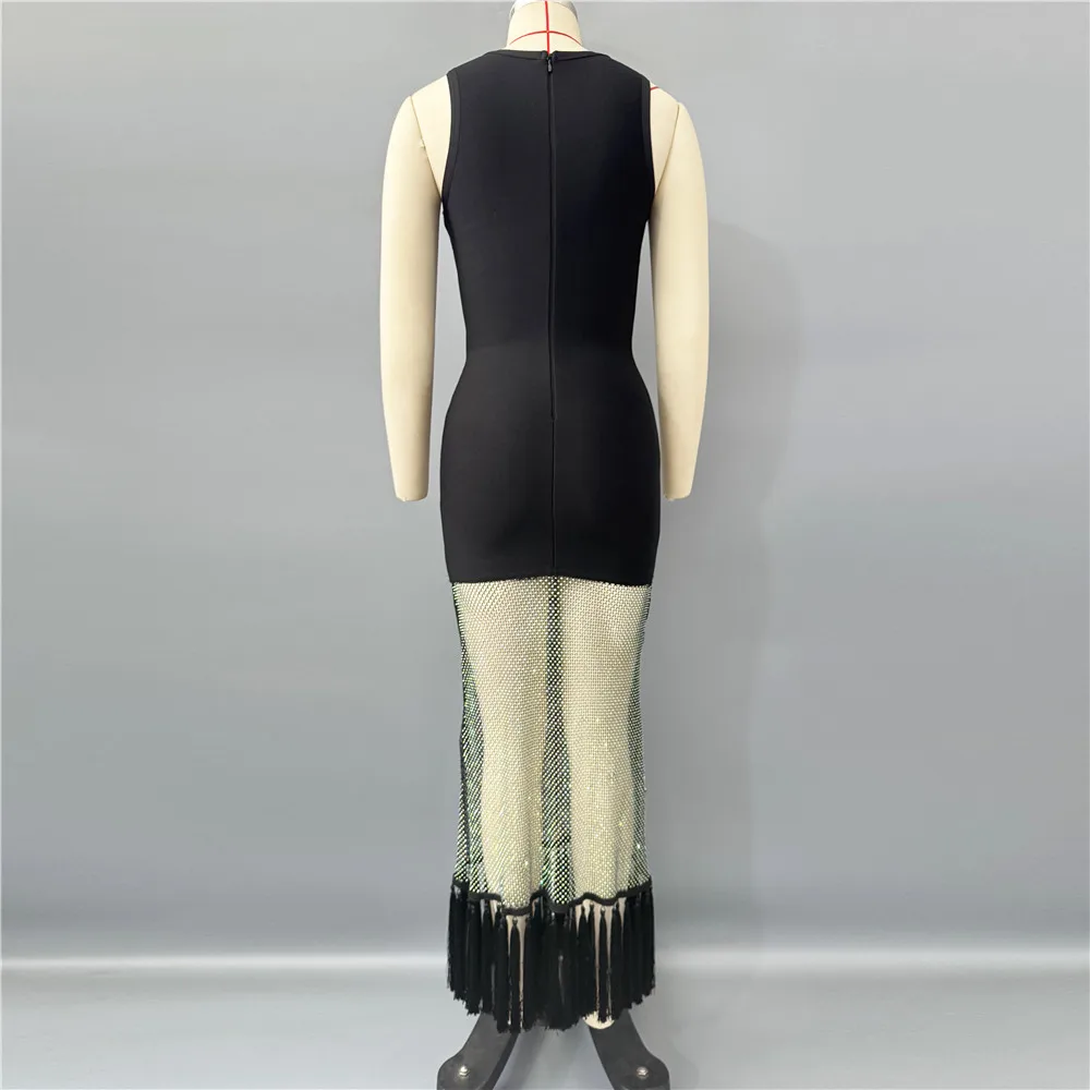 2025 New Women Sleeveless Bandage Dress Sexy Beading Tassels Clothes Club Party Elegant Dresses