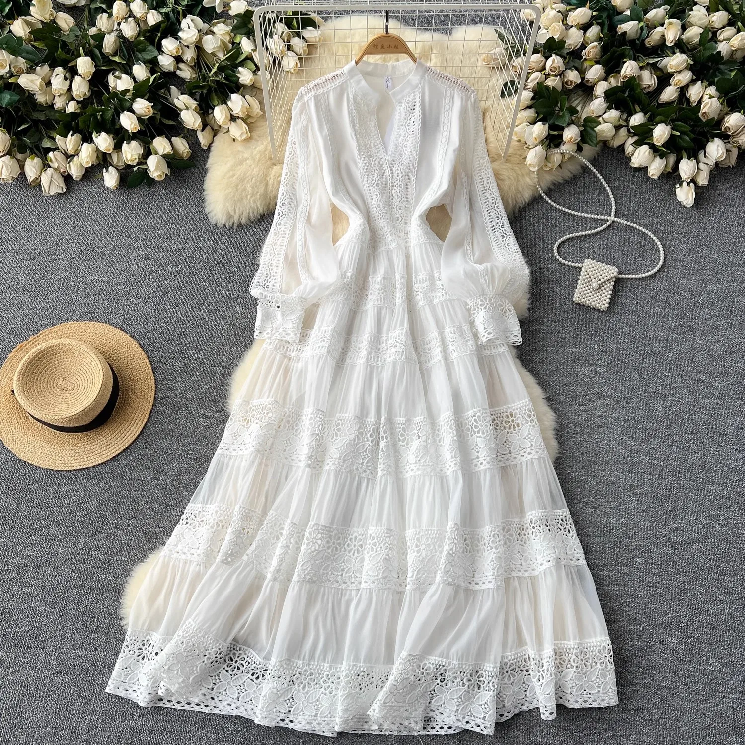 Spring Summer Elegant Lace Embroidery Splicing Maxi Dress Women's V-Neck Lantern Sleeve Hollow Out Slim Long Party Robe Vestidos