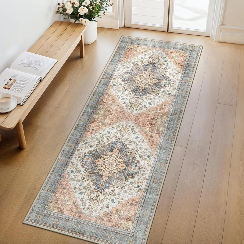 Kitchen Flooring Commercial - VIKAMA ヴィンテージペルシャランナーラグ ディストレストフローラルメダリオン 滑り止め加工 洗える 長廊下