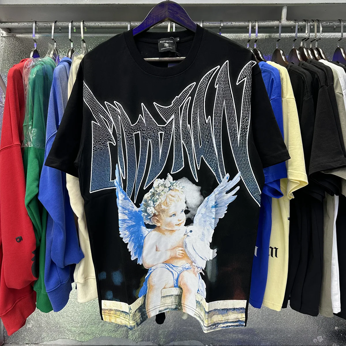 MIXED EMOTION Shirt Rhinestone Short Sleeve Men Women T-shirt Streetwear 100% Cotton Loose Round Neck Top Tees Oversized Tee Top