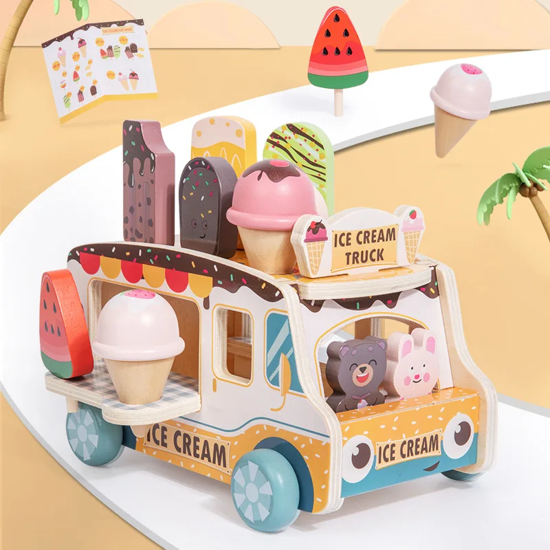 

Wooden Ice Cream Truck Pretend Play Set, Educational Kitchen Dessert Toy for Kids,Montessori Early Learning Gift for Boys &Girl