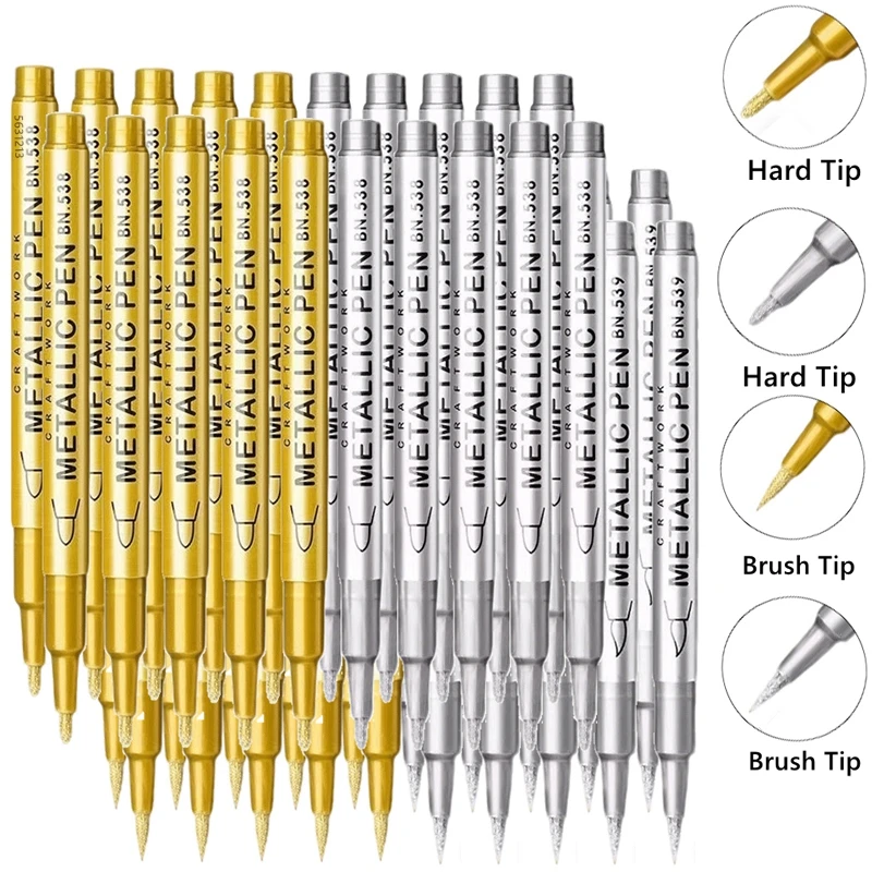1/50pcs Soft Brush Metallic Marker Pens Gold Silver White Permanent Art Markers For Ceramics Resin Crafts Scrapbooking Painting