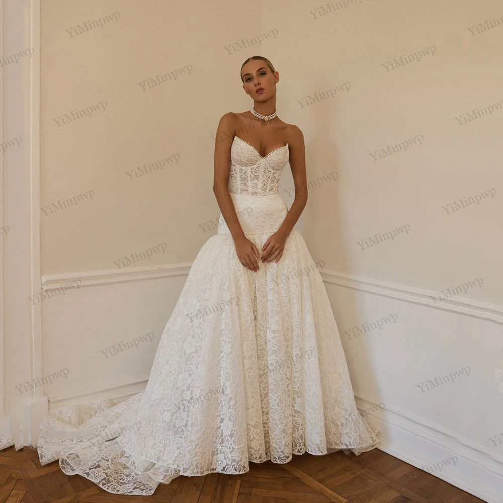

Lace Bride Gowns Sweetheart Pearls Applique Elegant Wedding Dresses For Bride 2026 Sleeveless Lace Up Back Mermaid Customized