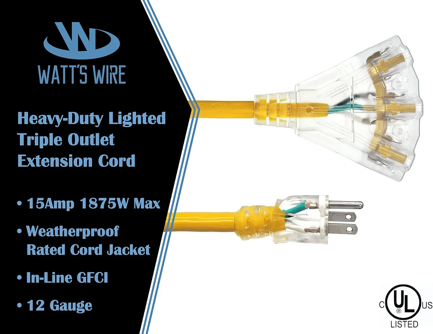 100 ft -12 Gauge Heavy Duty Extension Cord - 3 Outlet SJTW - Indoor/Outdoor Extension Cord by Watt's Wire - 100' 12-Gauge