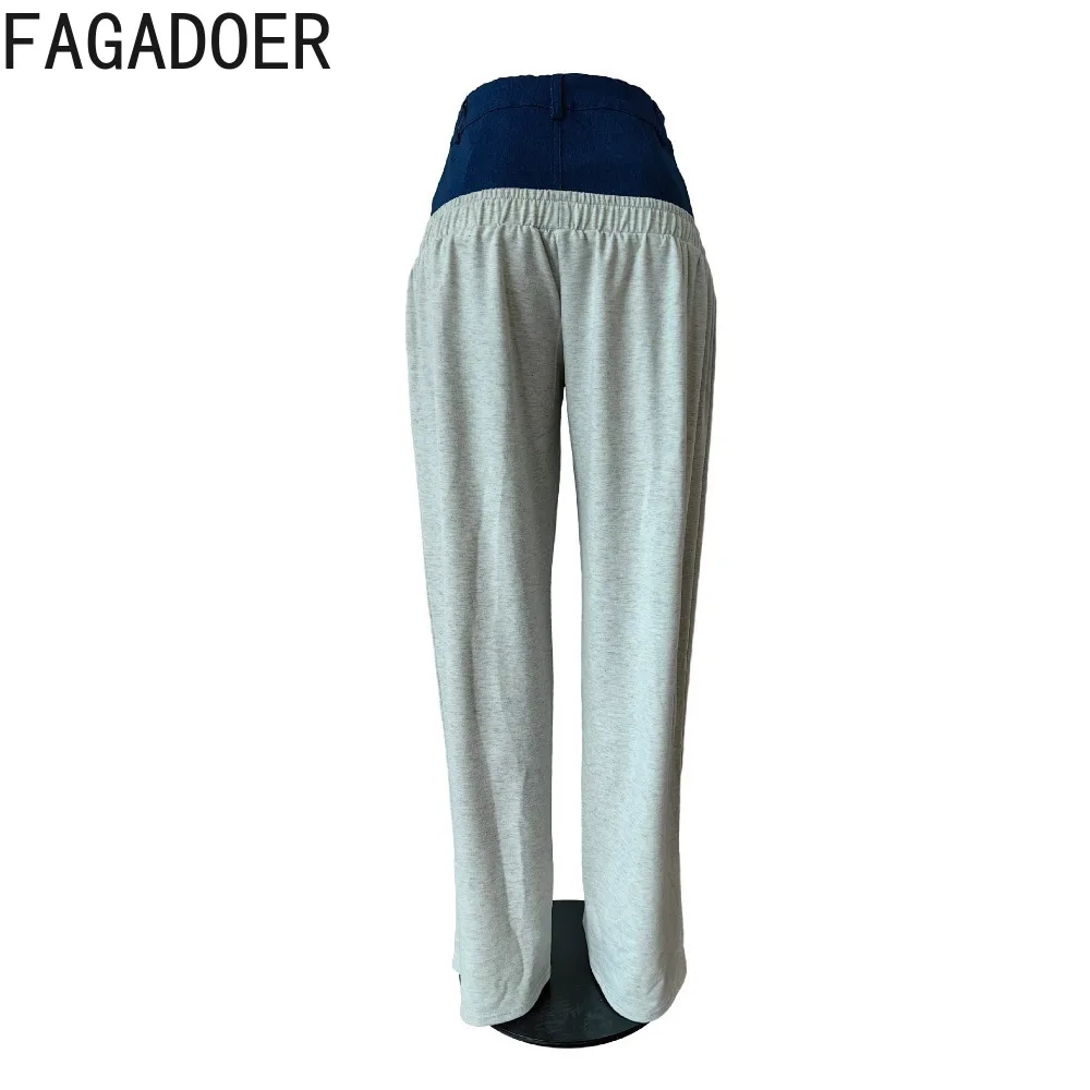 FAGADOER Autumn Casual Denim Splicing Wide Leg Pants Women High Waisted Button Straight Trousers Female Solid Loose Bottoms 2023