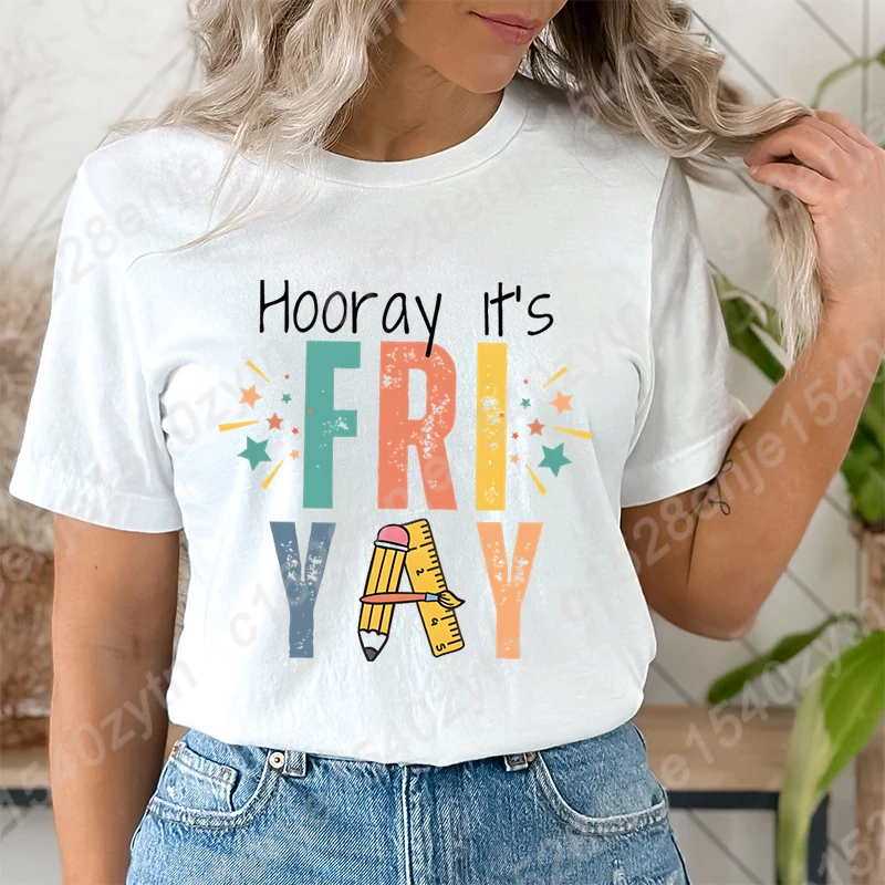 Women's Crew Neck Summer Short Sleeve T-Shirt, Hooray It's Friyay Letter Print T-shirts, Funny Friday T-shirt, Women Clothing