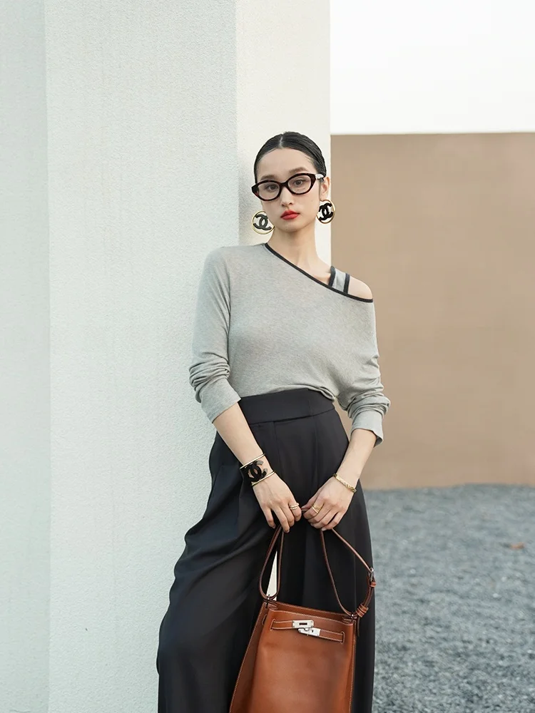 

LemonChen Silk Camere Blend Knitted Vest Long Sve round Ne T-irt Two-Piece Set Comfortable Practical Split Color Design