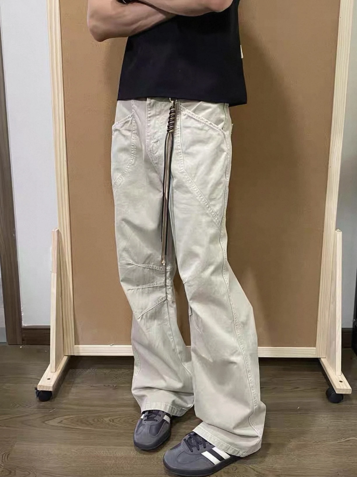 بنطلون عمل أمريكي بتصميم مطوي وقصة مستقيمة للرجال، فضفاض ومتعدد الاستخدامات، بنطلون عمل مستقيم بتصميم أنيق، ملابس كاجوال للراحة