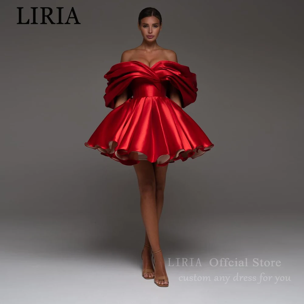 LIRIA Vestidos de fiesta mini rojos sexys con hombros descubiertos, de encaje, con cordones, de satén, corte A, para graduación, cóctel, personalizados