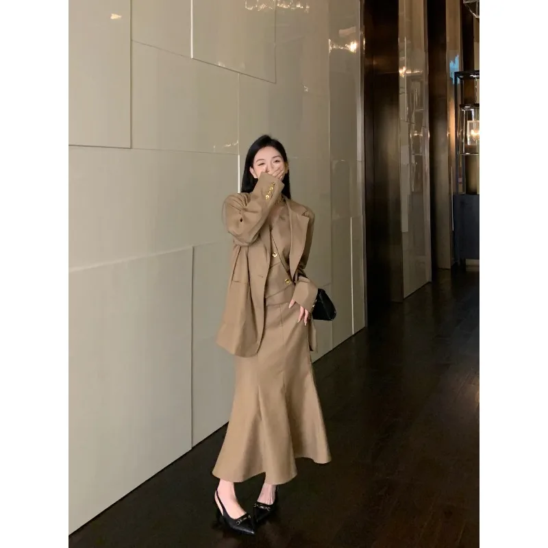 Lnsozkdg High-end Women Suit Vest and Skirt Three-piece Set 2024 Spring Autumn Office Lady Blazer Jacket Top Mermaid Skirt Suits