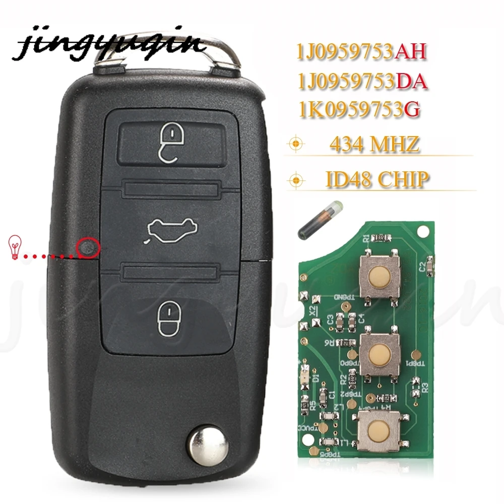 Jingyuqin-mando a distancia para coche, llave de coche con 3 botones, 434Mhz, ID48, para VW PASSAT, Polo, Golf, Beetle, 1J0959753 DA/AH, 1K0959753G