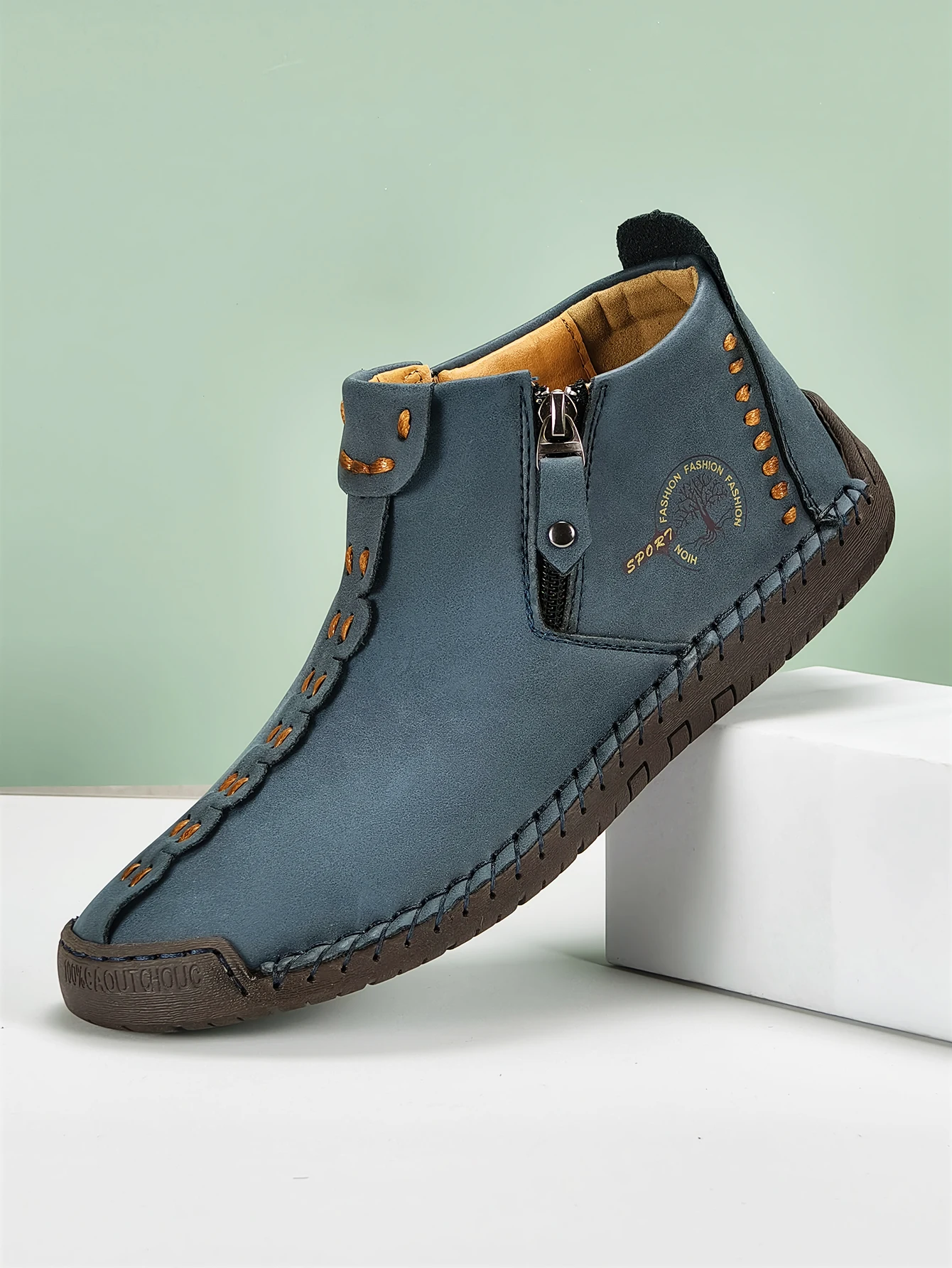 

Classic Handmade Leather Men Shoes Zipper Design Outdoor Sneakers Slip On Breathable Casual Leather Men Ankle Boots Blue