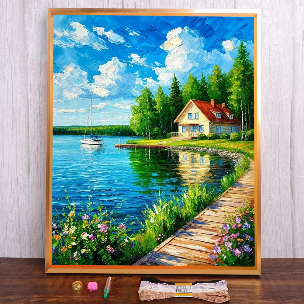 

Landscape House By Lake Pre-Printed 11CT Cross Stitch Full Kit Embroidery Hobby Knitting Sewing Handiwork Floss Sales Needle