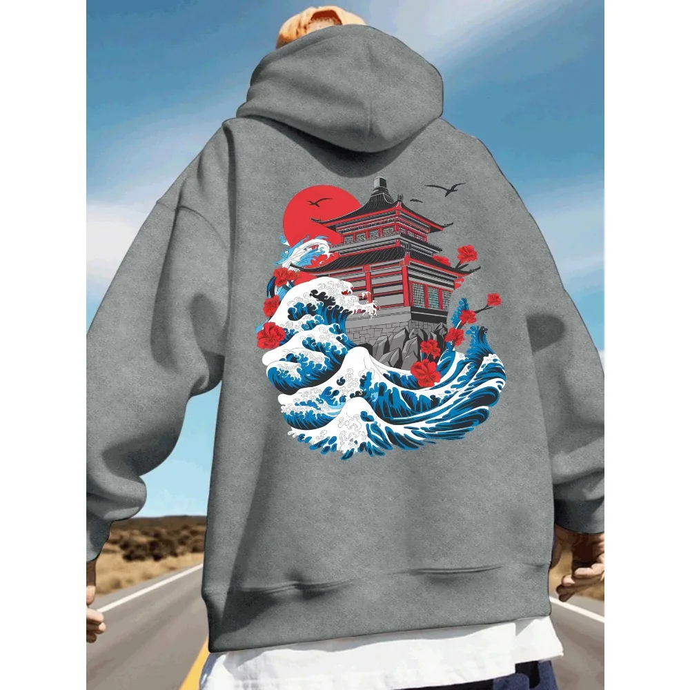 Korean Hot Ukiyo-e Style Building Ocean Wave Graphic Hoodie Men Women Long Sleeve Daily Wear Casual Pullover