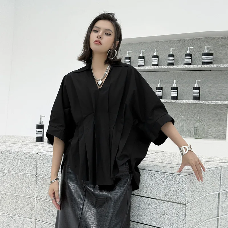 

French women's short sleeved shirt, temperament V-neck irregular pleated top, summer loose commuting shirt