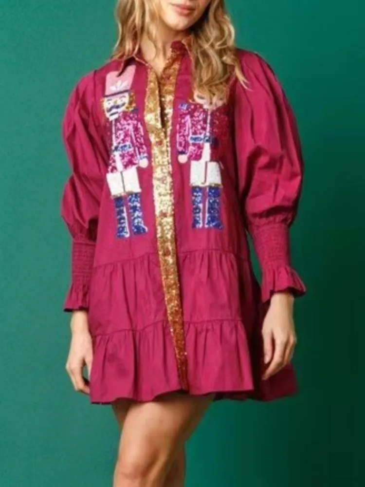 

Элегантное платье-рубашка с отложным воротником, длинным рукавом, для праздников, вечеринок, выпускных, осеннее, новинка, женское, модное, с пайетками, рождественское