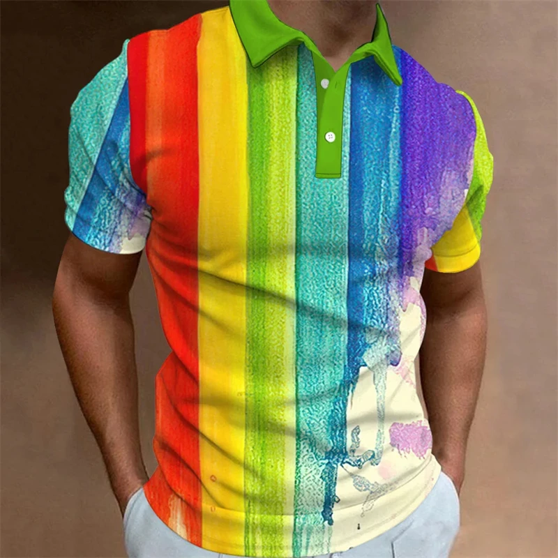 New Men\'S Polo Shirt 3d Rainbow LBG Printed Men Clothing Summer Casual Short Sleeved Loose Oversized Shirt Street Fashion Tops