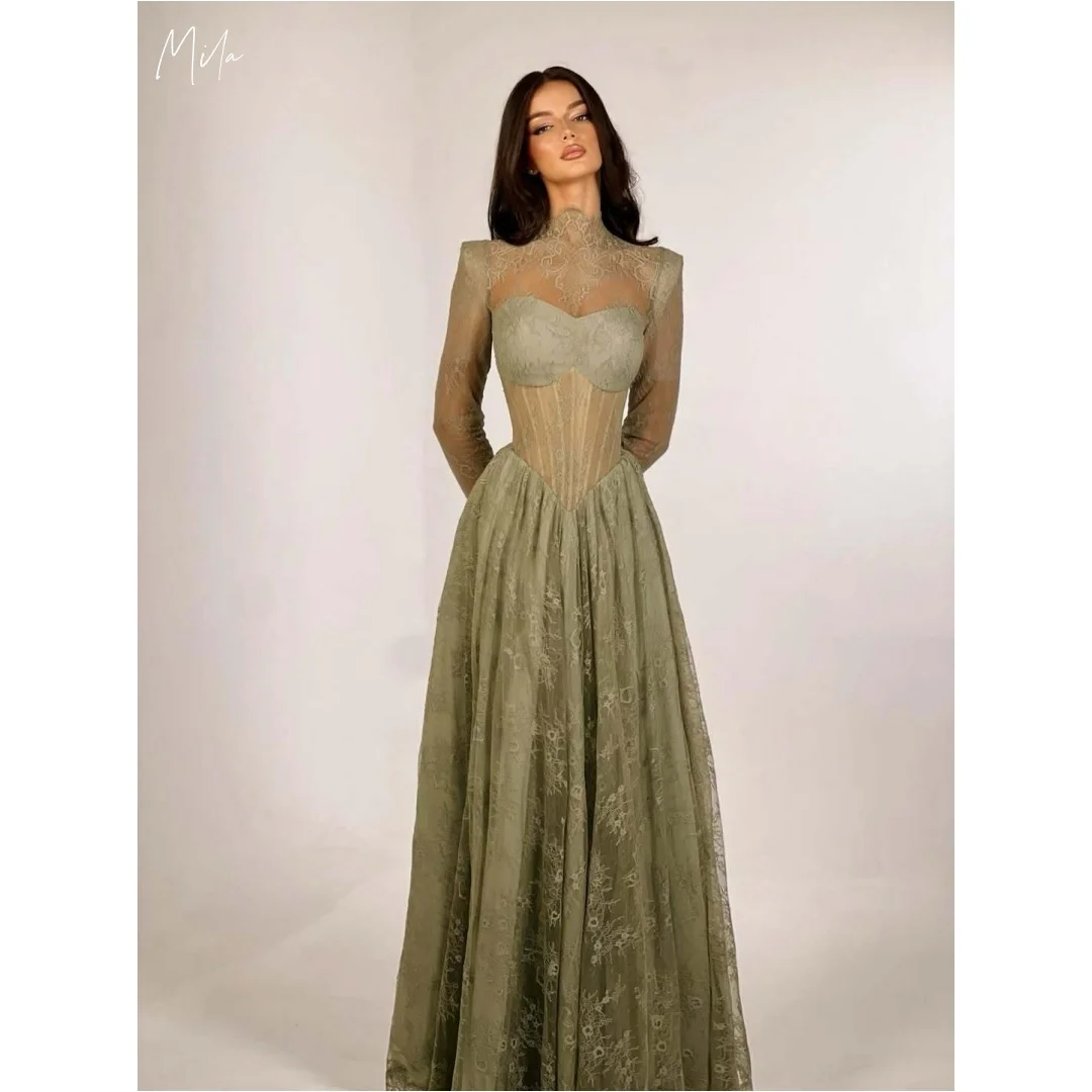 

Вечернее платье Mila Sage Green с открытыми плечами, из тюля с кружевными аппликациями, А-силуэт, в пол, на заказ, для выпускного вечера/подружки невесты, 2025