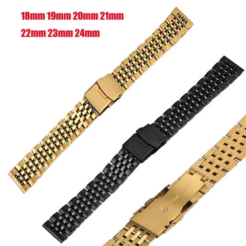 Solid Stainless Steel 18mm 19mm 20mm 22mm 23mm 24mm Silver Black 7 Rice Beads Universal Straight End Watch Band Strap Bracelet