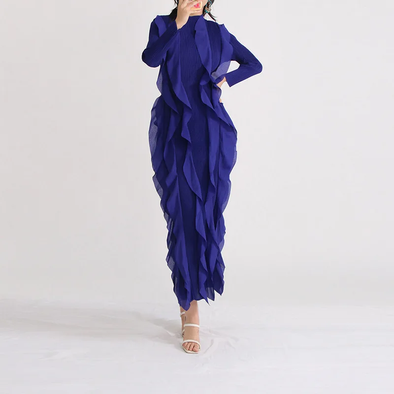 Autumn New French Vintage Style 2024 Standing Neck Long Sleeve High Elastic Flesh Shield Ruffle Edge Solid Color Long Dress