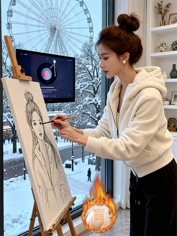 Sudadera con Capucha para Mujer, Forrada, de Terciopelo de Doble Cara, Cálida, Moderna, con Cierre, Estilo Coreano