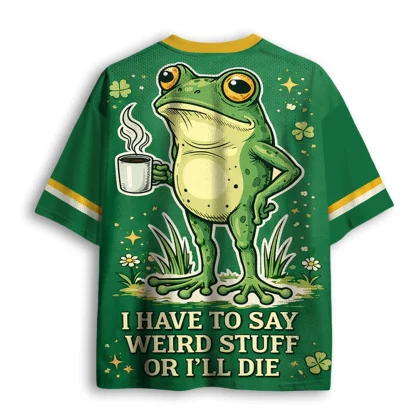 Cartoon Coffee Frog Graphic Mesh V Neck T-shirt Men Funny Letter Print Summer Loose Tee
