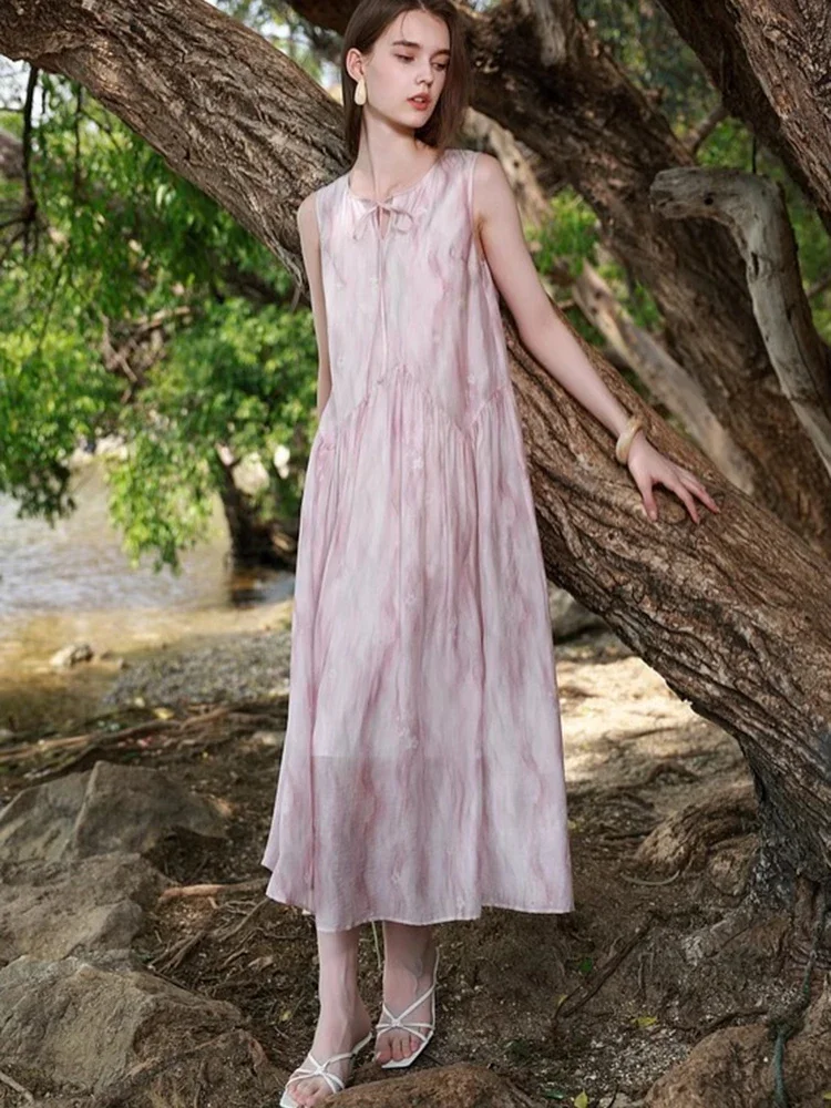 فستان طويل نسائي كاجوال عتيق بدون أكمام فستان صيفي فضفاض بياقة دائرية وأربطة فستان فرنسي قديم