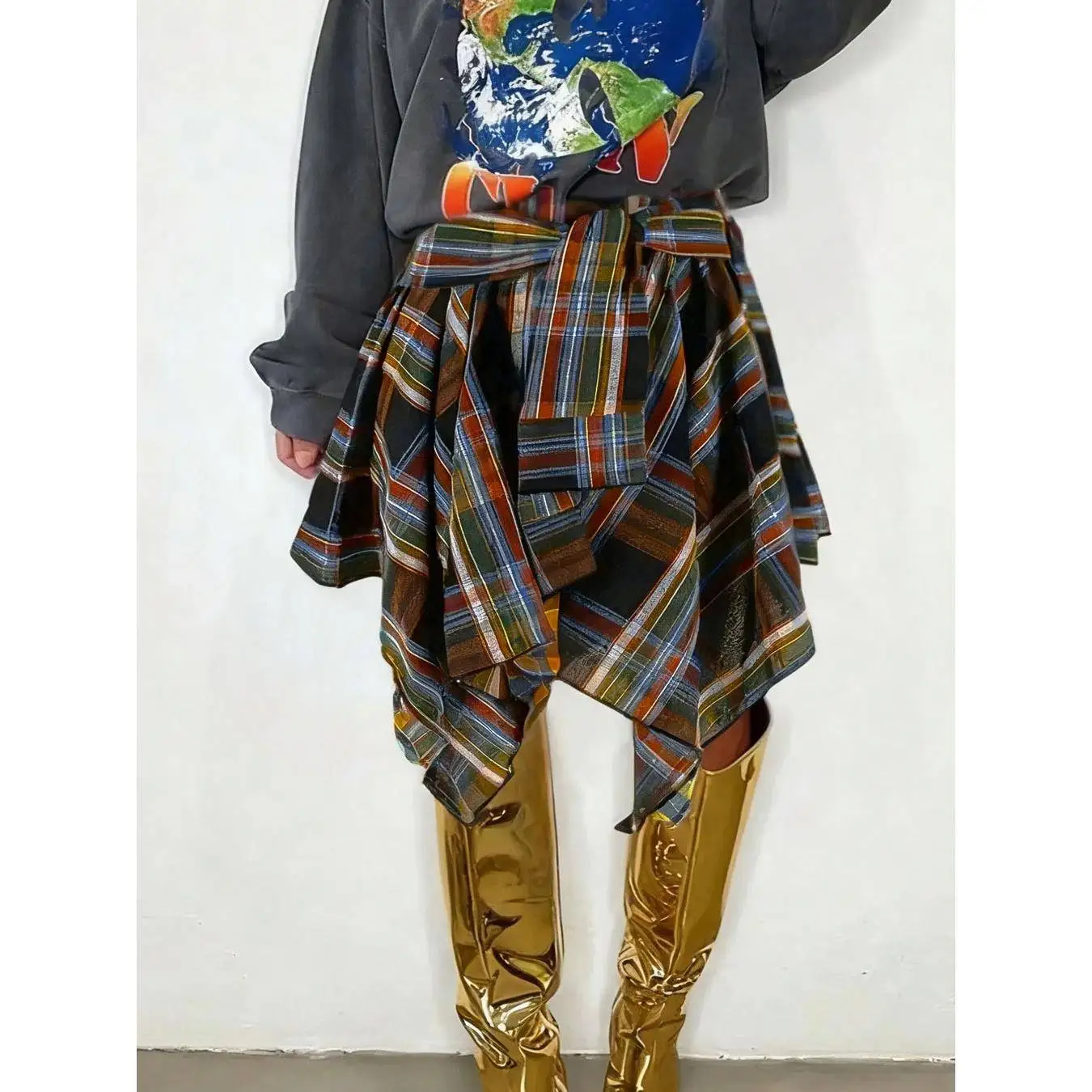 Casual xadrez cintura alta elástica waisand assimétrico simples sle high school faion outono temporada saia para mulher