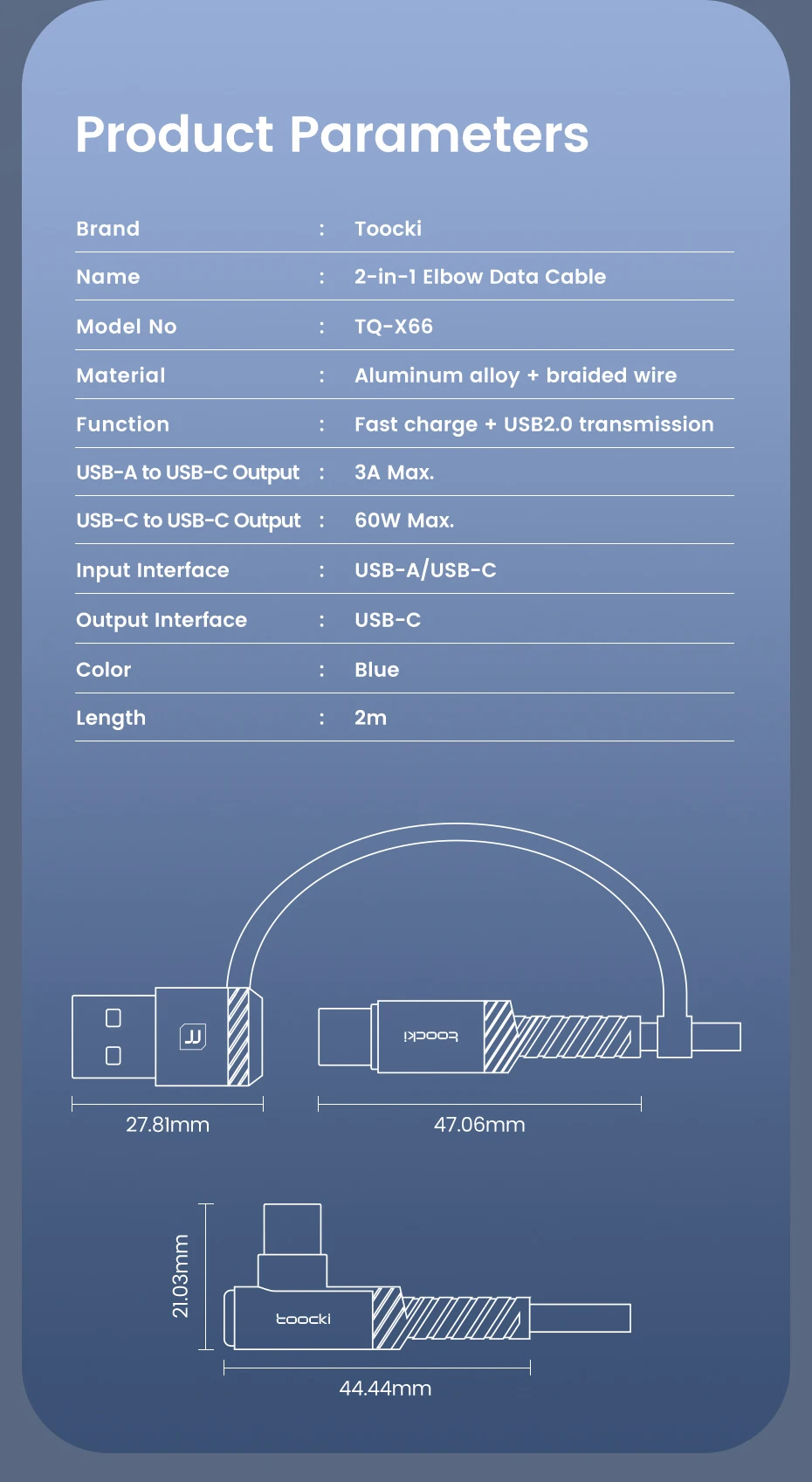 Toocki 2-in-1 Winkel-USB-C-Kabel, 2m PD 60W USB-C zu USB-C 3A Schnellladekabel für iPhone Samsung Xiaomi Huawei Datenkabel – Detail 11