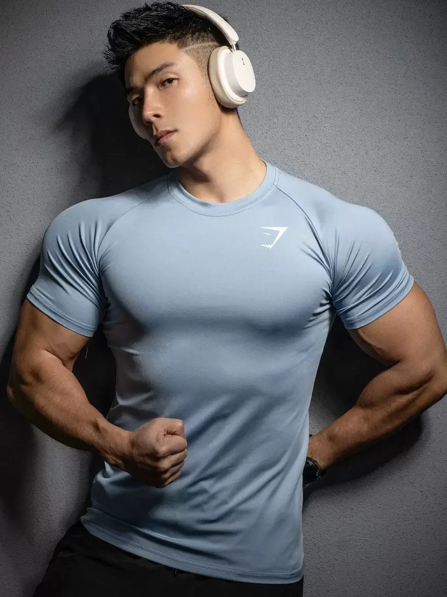 GYMSHARK Fitness Short Sleeve 2026 New Foreign Trade Muscle Sports Tight T-shirt Printed Elastic Quick Drying T-shirt