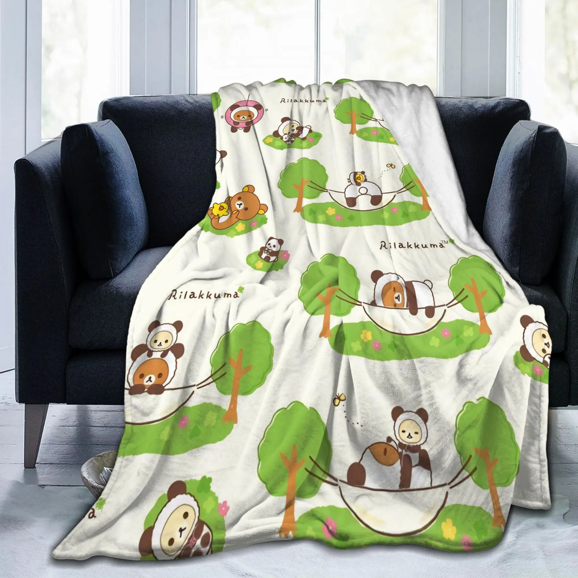 Rilakkumas Kawaii Panda Bear Blankets Flannel Printed  Portable Lightweight Thin Throw Blankets for Sofa Office Rug Piece