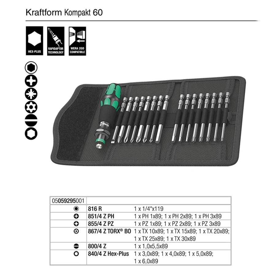 Wera 05059295001 Screwdriver Set 17Pcs Bit-Holding screwdriver & Bit Set, PH/PZ/SL/TORX/HEX Kraftform Kompakt 60, 17