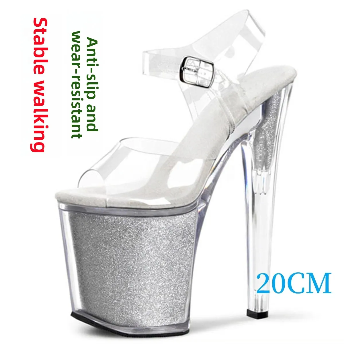 Transparent High Heel Sandals Women's Fashion Show Performances Anti-Slip Wear-Resistant Low Cut PVC Lined Fish Mouth Shoes