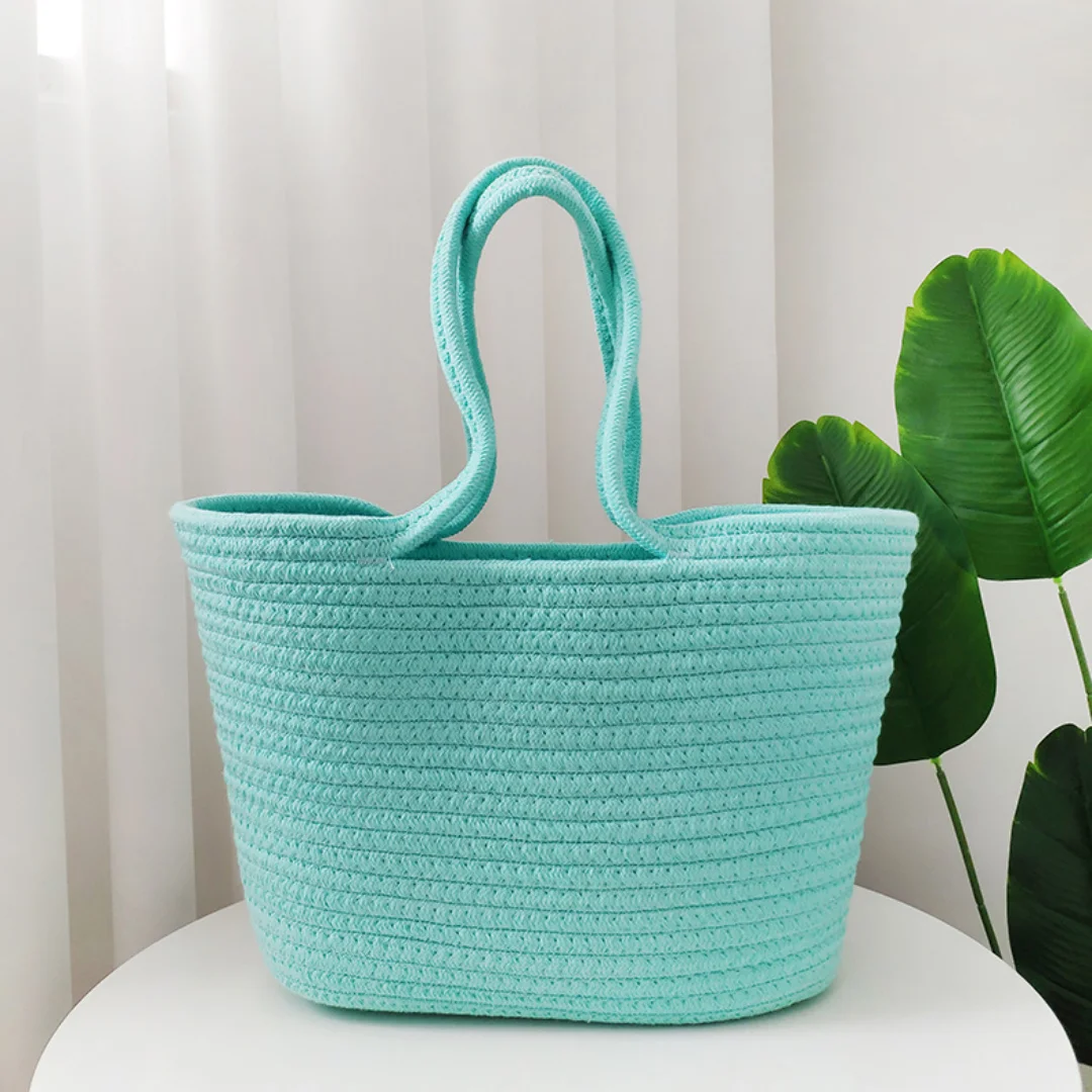 New Summer Fashion One-shoulder Cotton Rope Braided Female Bag Straw Braided Bag Seaside Holiday Beach Handbag Wholesale