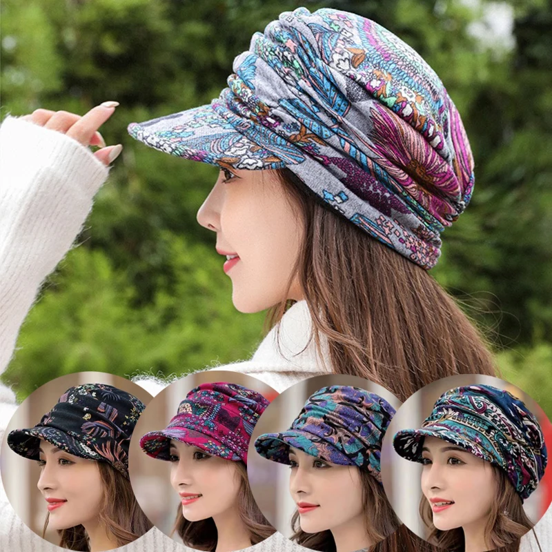 Ethnic Women Hat Short Brim Warm Foldable Earflap Women Cap Ethnic Style Floral Print Autumn Winter Caps Clothing Turban Visor