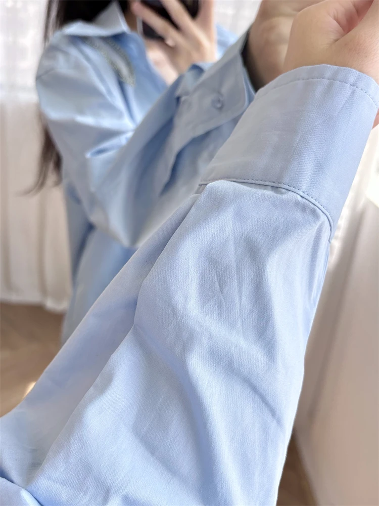 

Autumn set light blue long sleeved shirt top+patch pocket straight leg wide leg jeans women's hand sewn diamond S home