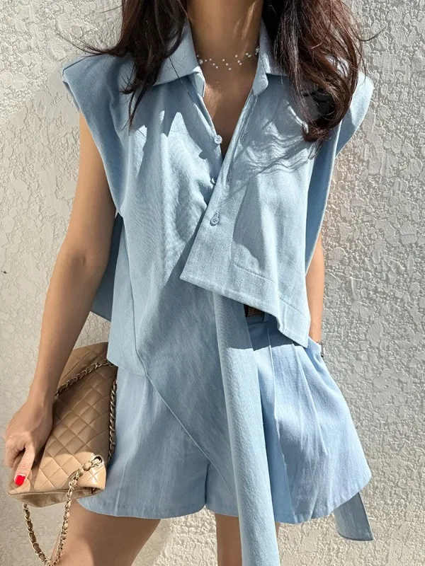 韓国デザイン非対称デニムベストシャツ女性の夏の新しいヴィンテージハイウエストカジュアルショーツセットレディースファッションスウェットシャツ