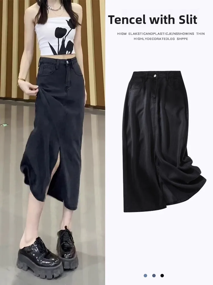 تنورة نسائية عالية الخصر من قماش الدنيم الحريري غير متناظرة تنورة نسائية رفيعة متوسطة الطول ملفوفة حول الحرير الجليدي على شكل حرف a تنورة كورية Sle للتنقل