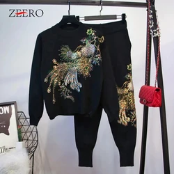 Autumn Women Peacock Sequins Embroidery Velvet Tracksuit 2 Piece Set Streetwear Black Pullover Top + Pants Set  Outfits