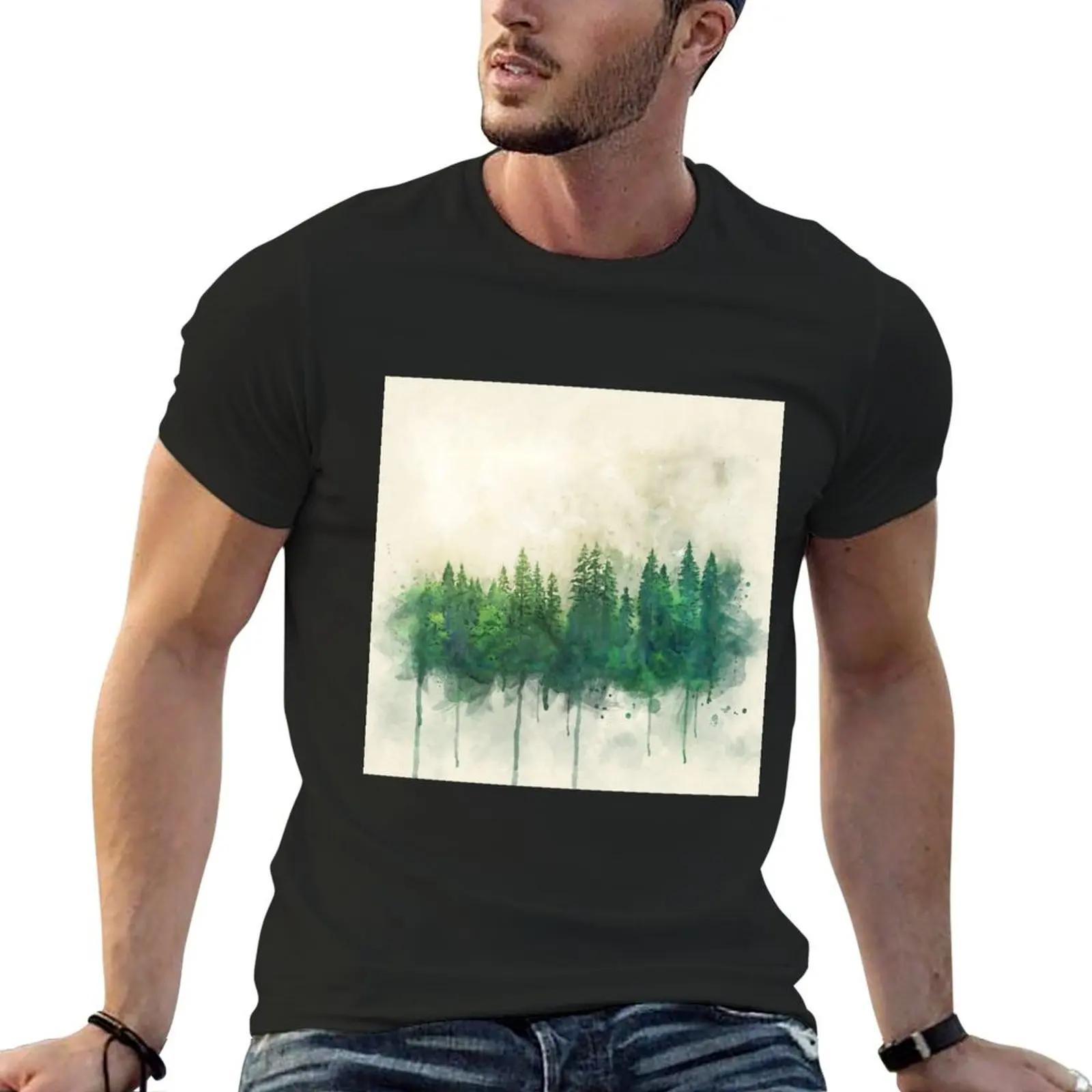 green forest watercolor painting T-Shirt oversized summer top custom t shirt mens designer clothes