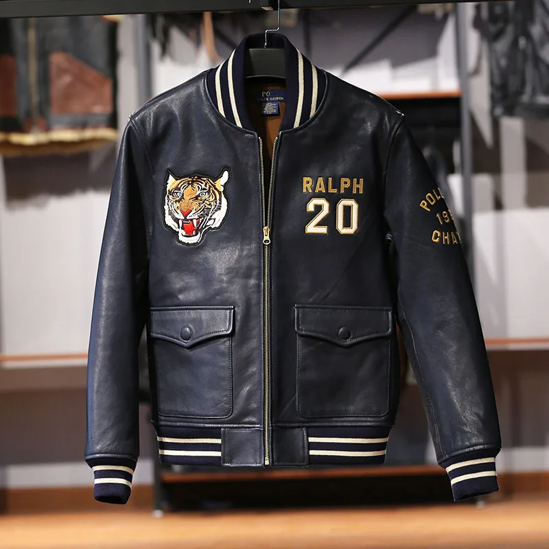 

Men's top quality stand collar real leather jacket baseball tiger embroidery vegetable tanned sheep leather coat