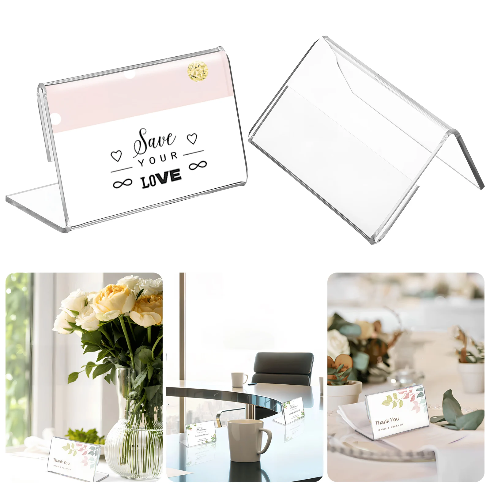 48Pcs Transparent Sign Holders Clear Tabletop Display Stands for Name Cards Price Tags Wedding Party Buffet L-Shaped Slanted